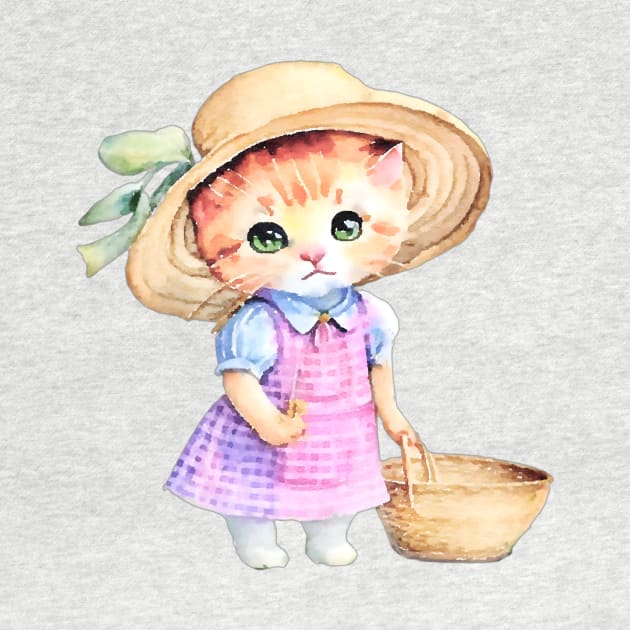 Cute kitten in pink gingham dress and straw hat children’s illustration I by SophieClimaArt